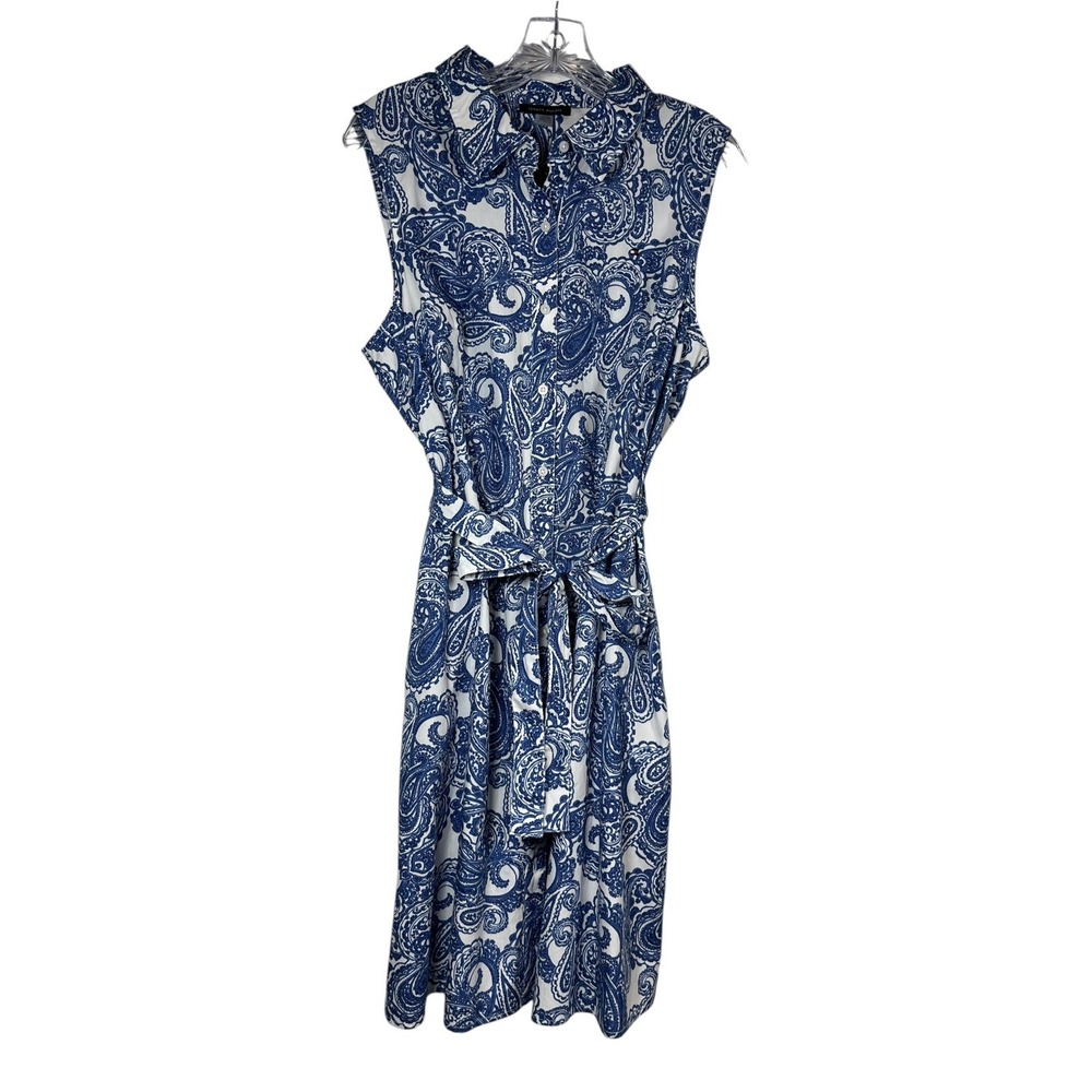 NWT Tommy Hilfiger Sz 14 Dress Paisley Midi Shirtdress Cotton Blue White Belted